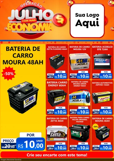 Modelo de Encarte para Encarte A4 Vertical com o tema Operação Julho Com Mais Economia para Baterias Elétricas