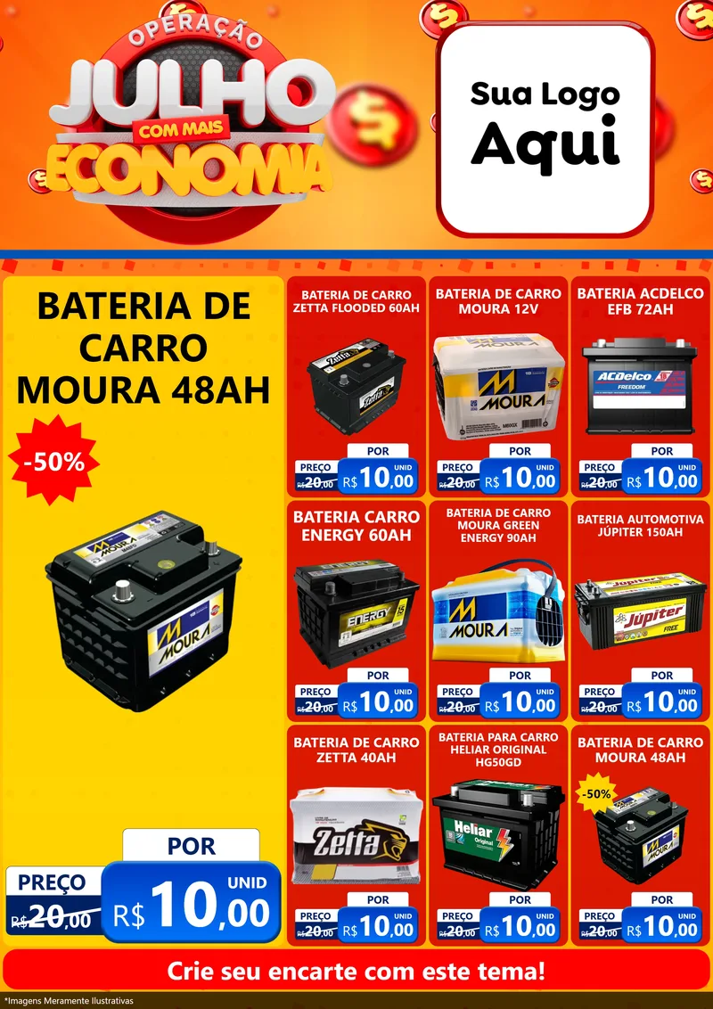 Modelo de Encarte para Encarte A4 Vertical com o tema Operação Julho Com Mais Economia para Baterias Elétricas