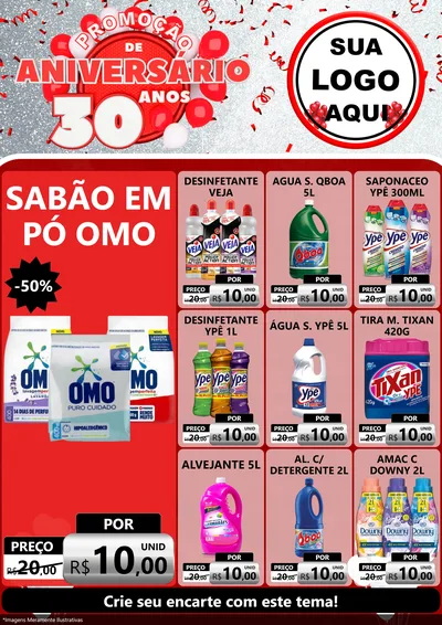 Modelo de Encarte para Encarte A4 Vertical com o tema Promoção de Aniversário - 30 Anos para Produtos de Limpeza