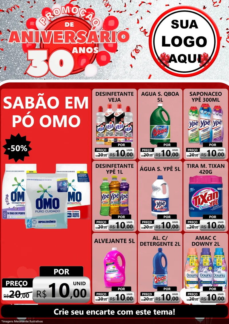 Modelo de Encarte para Encarte A4 Vertical com o tema Promoção de Aniversário - 30 Anos para Produtos de Limpeza
