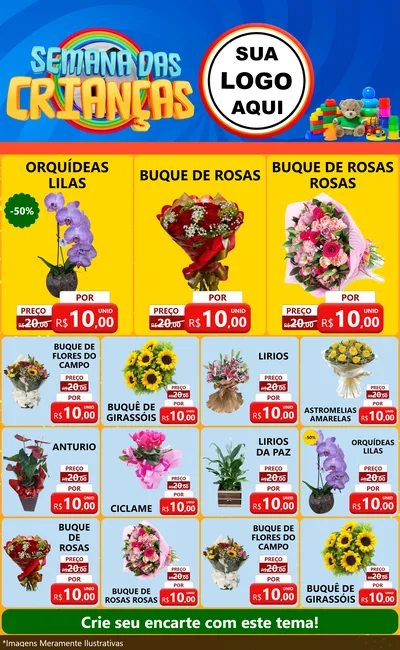 Modelo de Encarte para Encarte Grande com o tema Semana das Crianças para Floricultura e jardim