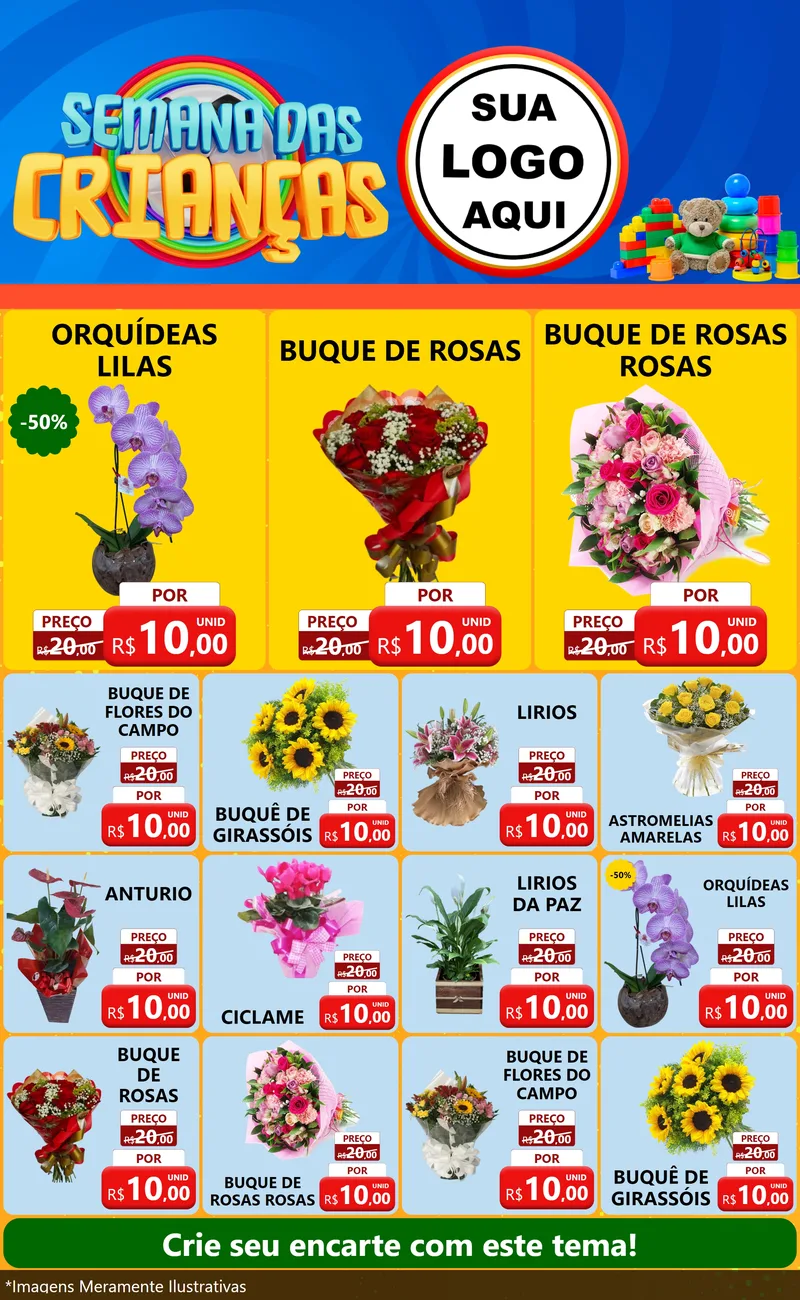 Modelo de Encarte para Encarte Grande com o tema Semana das Crianças para Floricultura e jardim