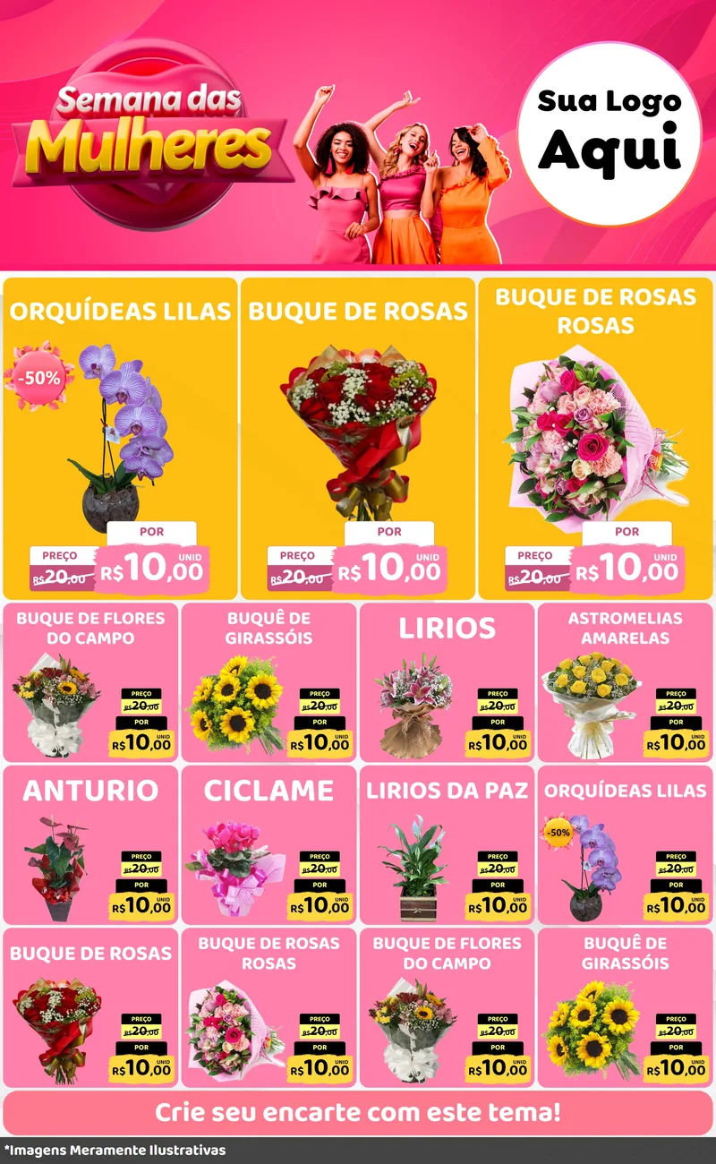 Modelo de Encarte para Encarte Grande com o tema Semana das Mulheres para Floricultura e jardim