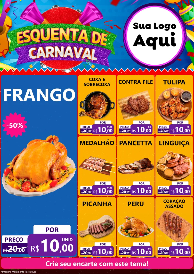 Modelo de Encarte para Encarte A4 Vertical com o tema Esquenta de Carnaval para Assados