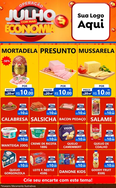 Modelo de Encarte para Encarte Grande com o tema Operação Julho Com Mais Economia para Frios e Laticínios