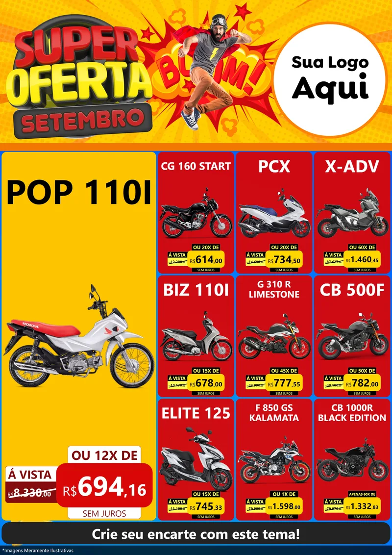 Modelo de Encarte para Encarte A4 Vertical com o tema Super Oferta Setembro para Concessionaria de Motos