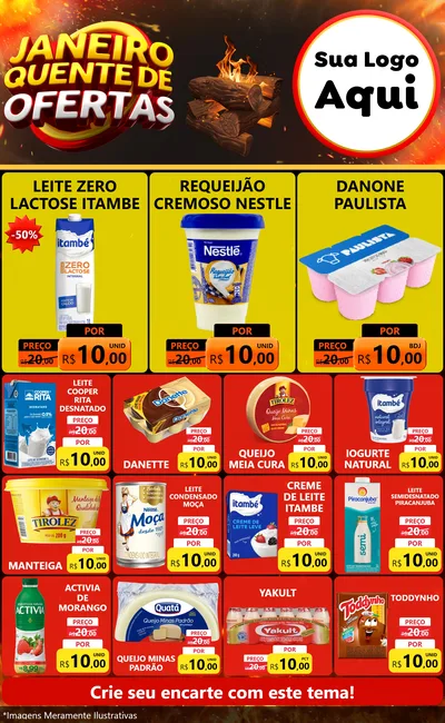 Modelo de Encarte para Encarte Grande com o tema Janeiro Quente de Ofertas para Frios e Laticínios