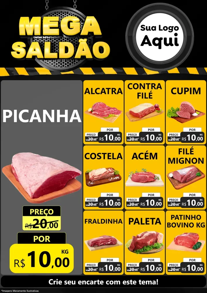 Modelo de Encarte para Encarte A4 Vertical com o tema Mega Saldão para Açougue