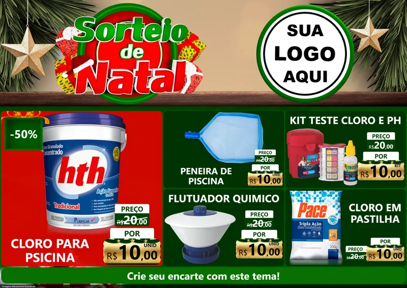 Modelo de Encarte para Encarte A4 Horizontal com o tema Sorteio de Natal para Produtos para Piscina