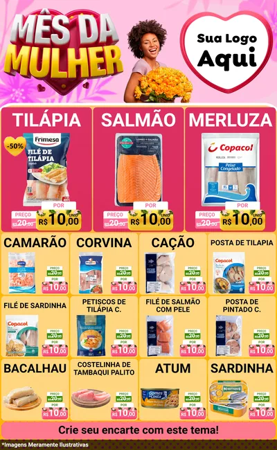 Modelo de Encarte para Encarte Grande com o tema Mês da Mulher para Peixaria
