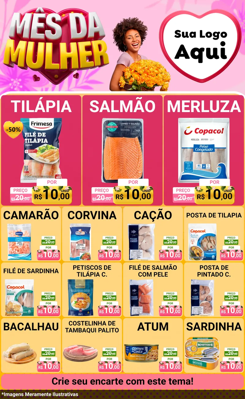 Modelo de Encarte para Encarte Grande com o tema Mês da Mulher para Peixaria