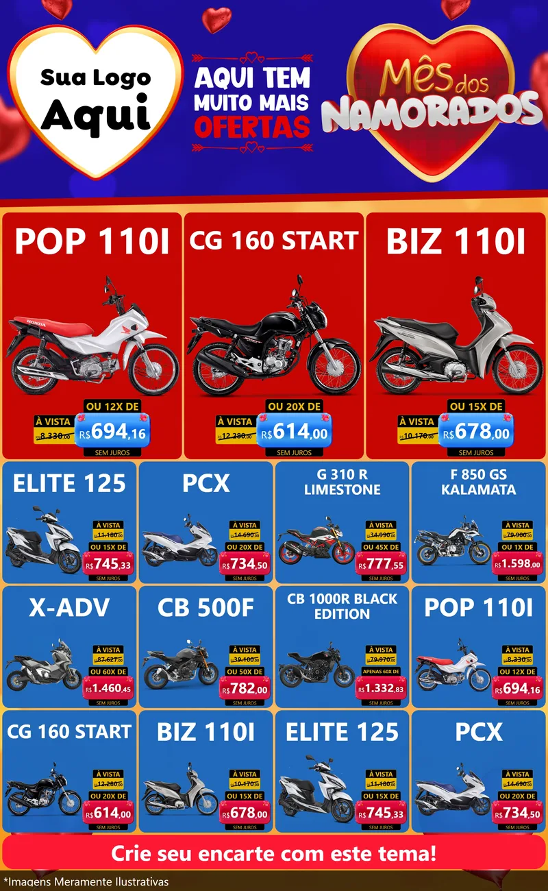 Modelo de Encarte para Encarte Grande com o tema Mês dos Namorados para Concessionaria de Motos