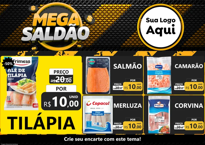 Modelo de Encarte para Encarte A4 Horizontal com o tema Mega Saldão para Peixaria