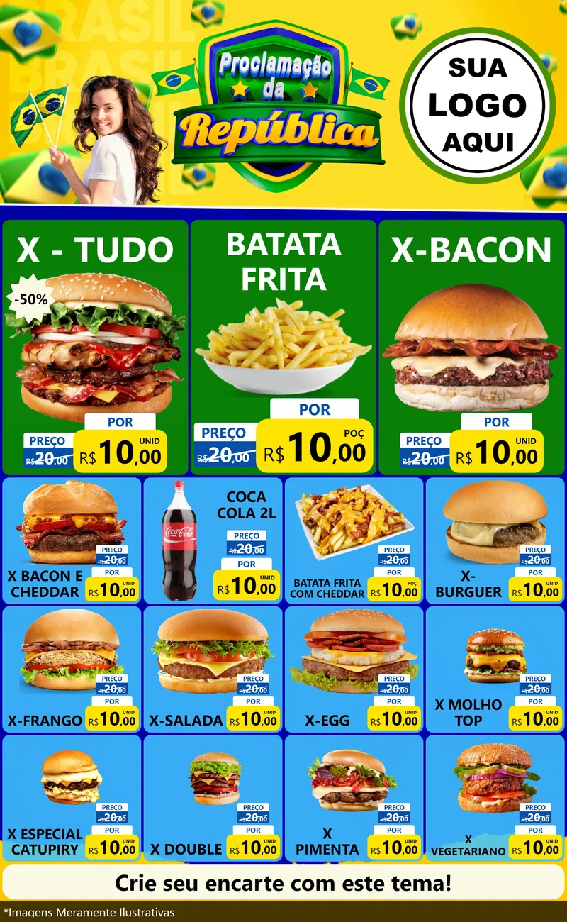 Modelo de Encarte para Encarte Grande com o tema Proclamação da República para Hamburgueria