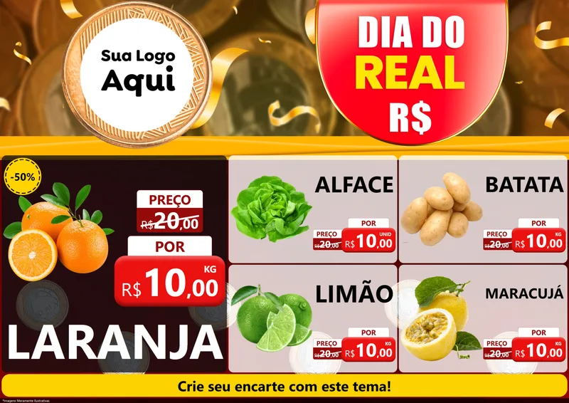Modelo de Encarte para Encarte A4 Horizontal com o tema Dia do Real para Hortifrúti