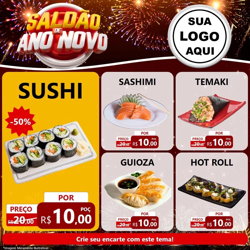 Modelo de Rede Social para Feed Facebook com o tema Saldão de Ano Novo para Comida japonesa