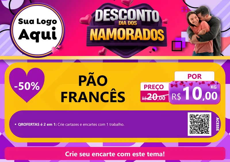 Modelo de Cartaz para Cartaz A4 Horizontal com o tema Desconto Dia dos Namorados para Padaria