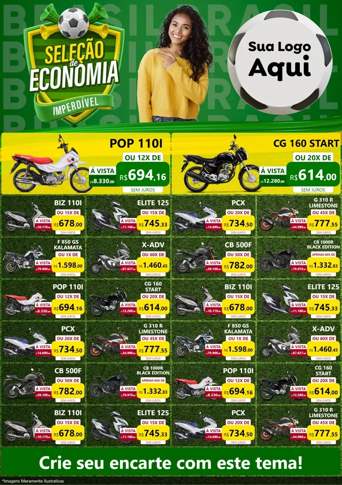 Modelo de Encarte para Encarte A4 Vertical com o tema Seleção de Economia - Copa para Concessionaria de Motos