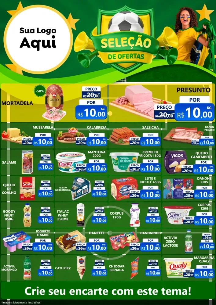 Modelo de Encarte para Encarte A4 Vertical com o tema Seleção de Ofertas - Copa para Frios e Laticínios