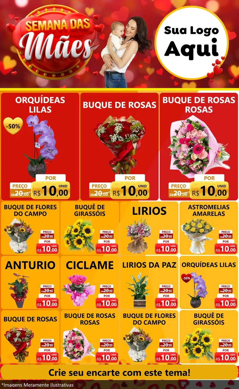 Modelo de Encarte para Encarte Grande com o tema Semana das Mães para Floricultura e jardim