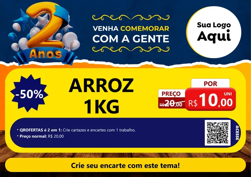 Modelo de Cartaz para Cartaz A4 Horizontal com o tema Aniversário de 2 anos para Supermercado