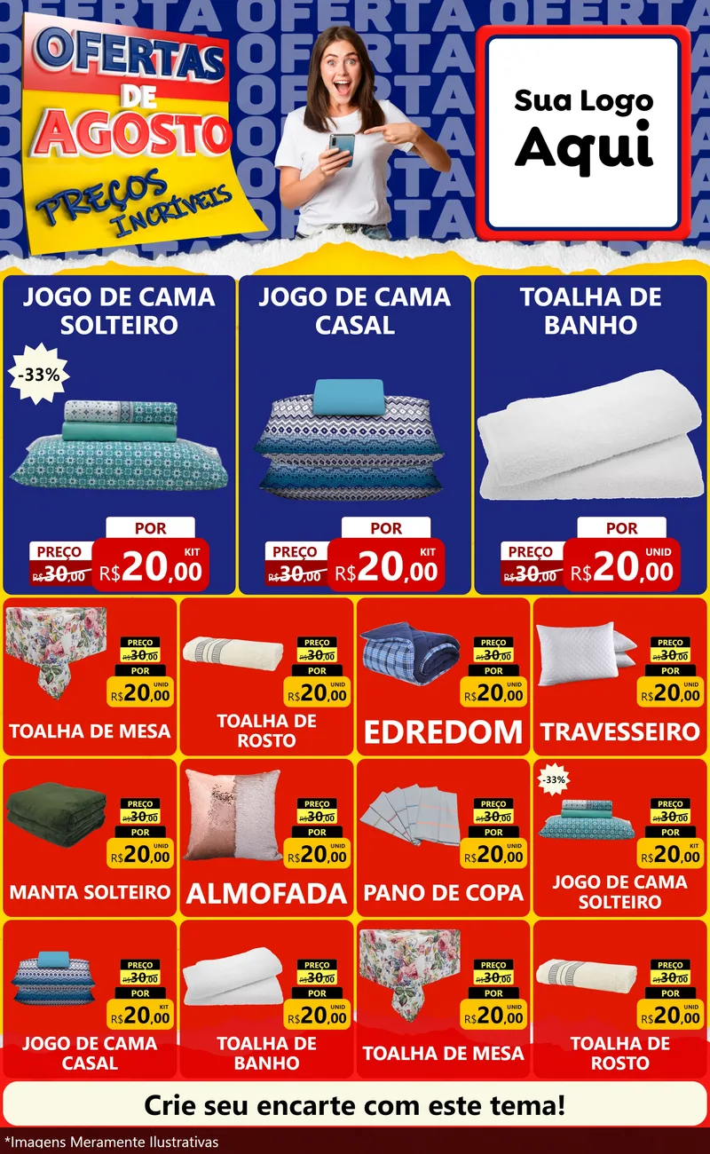 Modelo de Encarte para Encarte Grande com o tema Ofertas de Agosto - Preços Incríveis para Cama, Mesa e Banho