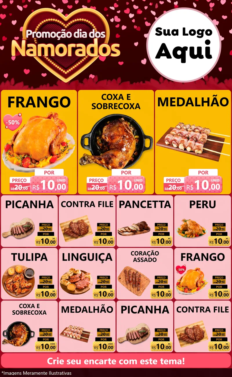 Modelo de Encarte para Encarte Grande com o tema Promoção Dia Dos Namorados para Assados