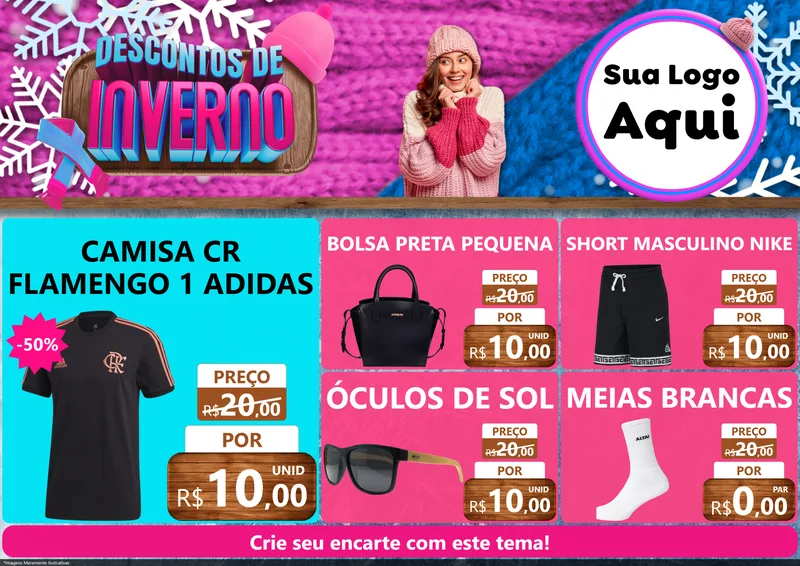 Modelo de Encarte para Encarte A4 Horizontal com o tema Descontos de Inverno para Roupas e acessórios