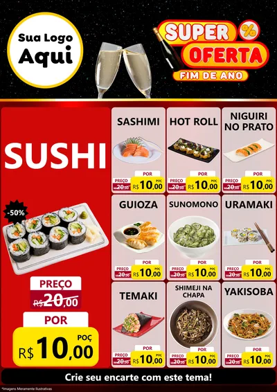 Modelo de Encarte para Encarte A4 Vertical com o tema Super Oferta Fim de Ano para Comida japonesa