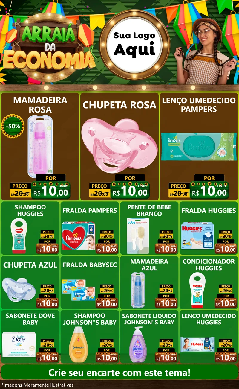 Modelo de Encarte para Encarte Grande com o tema Arraiá de Economia para Bebês