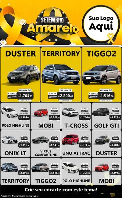 Modelo de Encarte para Encarte Grande com o tema Setembro Amarelo para Concessionaria de Carros
