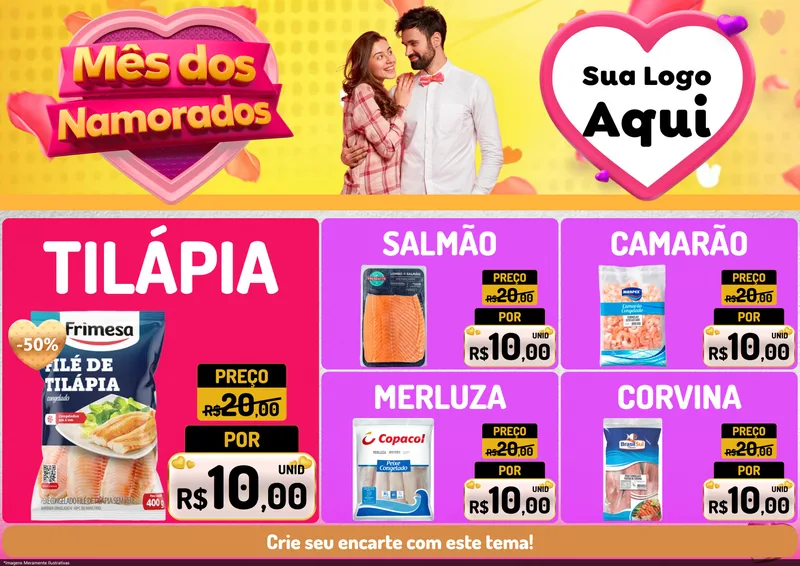 Modelo de Encarte para Encarte A4 Horizontal com o tema Mês dos Namorados para Peixaria
