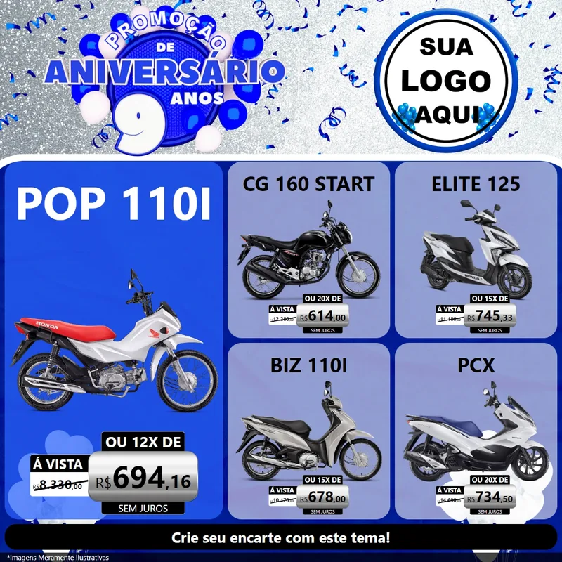 Modelo de Rede Social para Feed Facebook com o tema Promoção de Aniversário - 9 Anos para Concessionaria de Motos