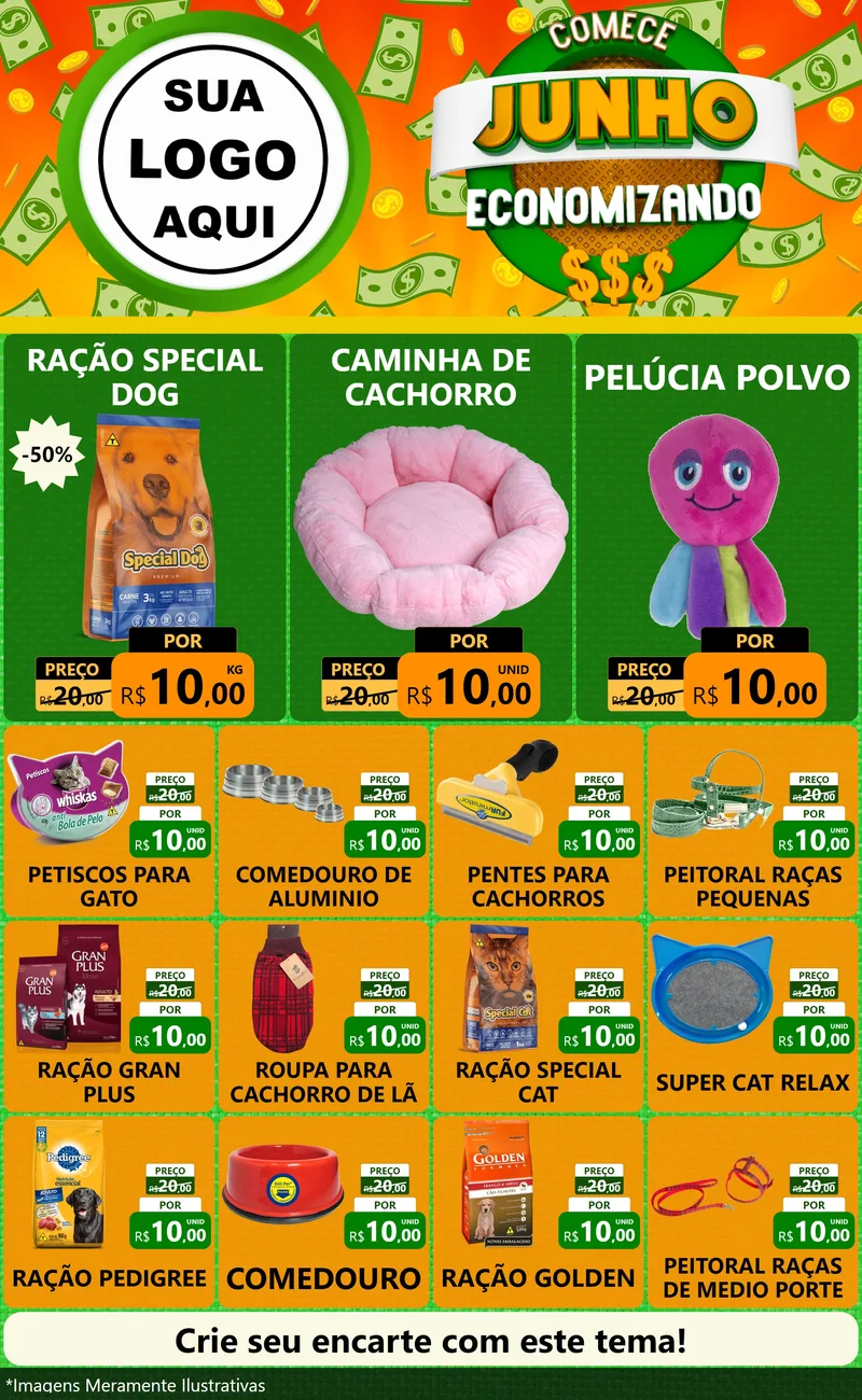 Modelo de Encarte para Encarte Grande com o tema Comece Junho Economizando para Pet Shop