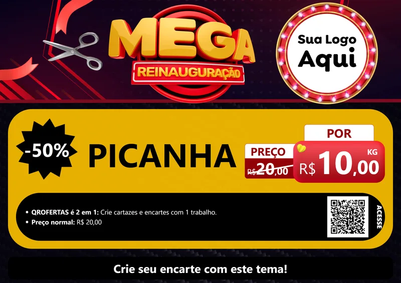 Modelo de Cartaz para Cartaz A4 Horizontal com o tema Mega Reinauguração para Açougue