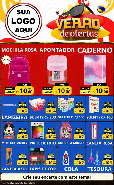 Modelo de Encarte para Encarte Grande com o tema Super Verão de Ofertas para Papelaria