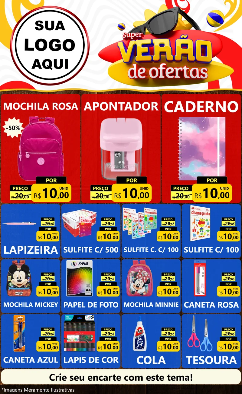 Modelo de Encarte para Encarte Grande com o tema Super Verão de Ofertas para Papelaria