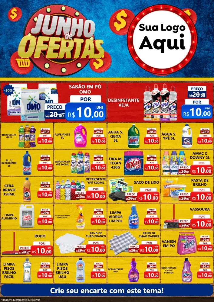Modelo de Encarte para Encarte A4 Vertical com o tema Junho de Ofertas para Produtos de Limpeza