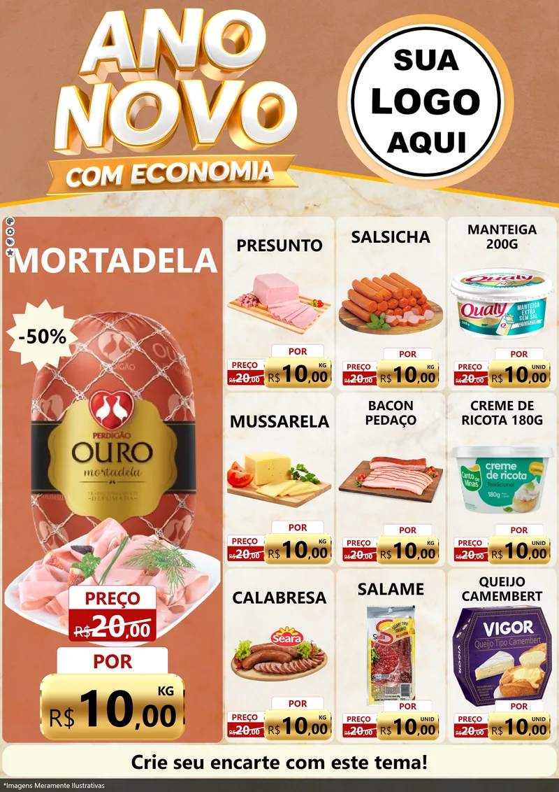 Modelo de Encarte para Encarte A4 Vertical com o tema Ano Novo Com Economia para Frios e Laticínios