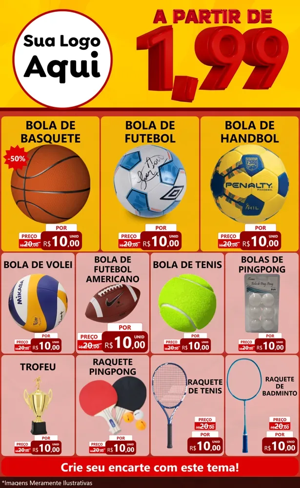 Modelo de Encarte para Encarte Grande com o tema A Partir de Um e Noventa e Nove - 1,99 para Artigos Esportivos