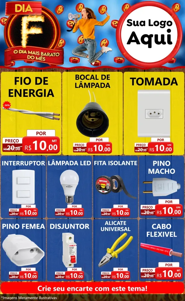 Modelo de Encarte para Encarte Grande com o tema Dia F - O Dia Mais Barato Do Mês para Materiais Elétricos