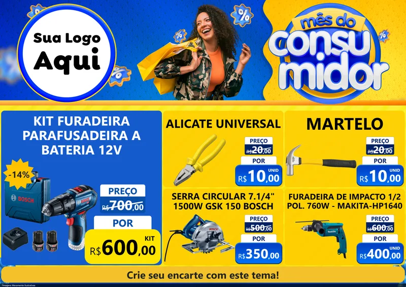 Modelo de Encarte para Encarte A4 Horizontal com o tema Mês do Consumidor para Maquinas e Ferramentas