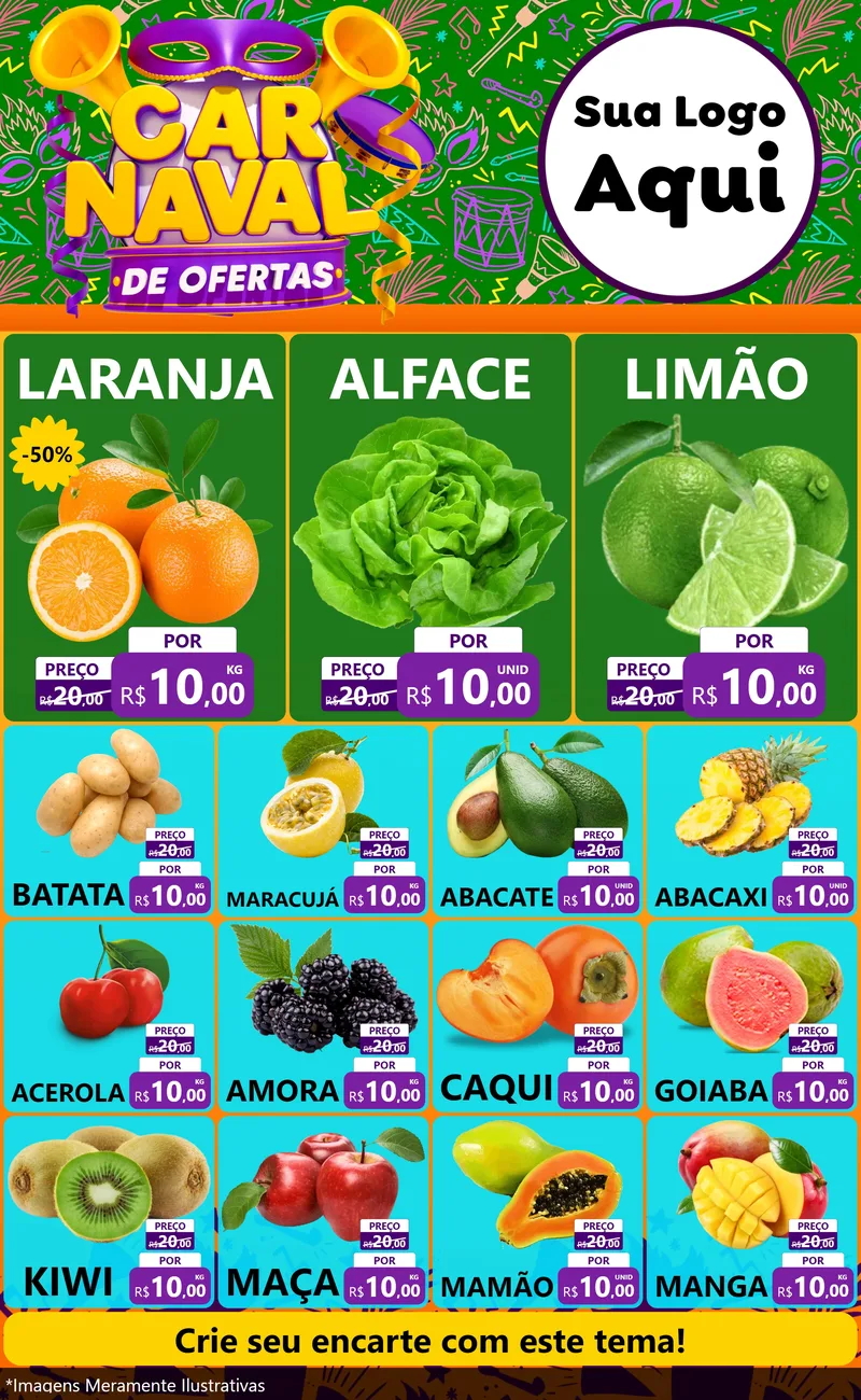 Modelo de Encarte para Encarte Grande com o tema Carnaval de Ofertas para Hortifrúti