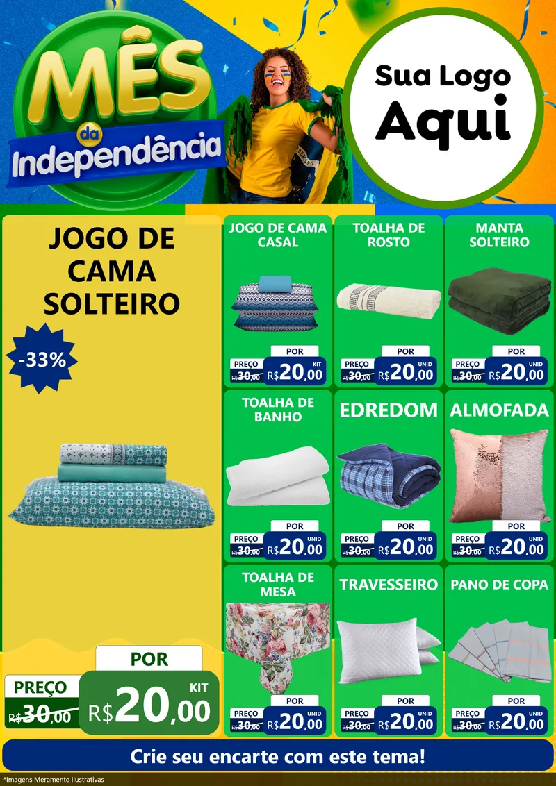 Modelo de Encarte para Encarte A4 Vertical com o tema Mês da Independência para Cama, Mesa e Banho
