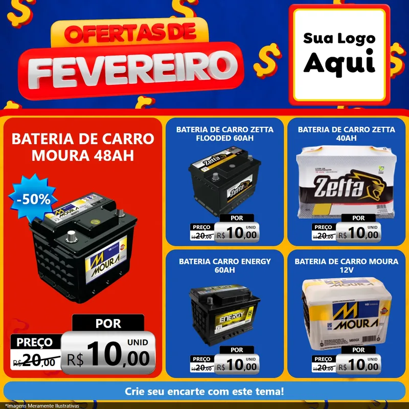 Modelo de Rede Social para Feed Facebook com o tema Ofertas de Fevereiro para Baterias Elétricas