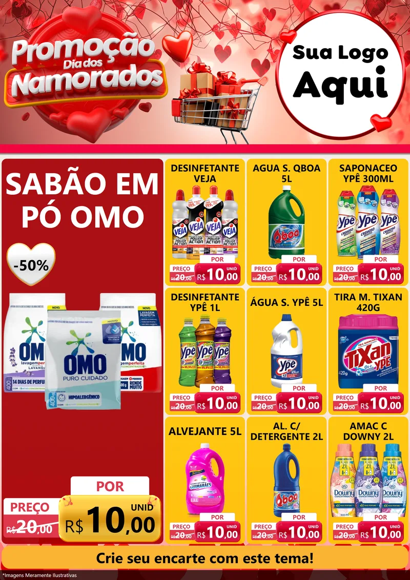 Modelo de Encarte para Encarte A4 Vertical com o tema Promoção Dia dos Namorados para Produtos de Limpeza