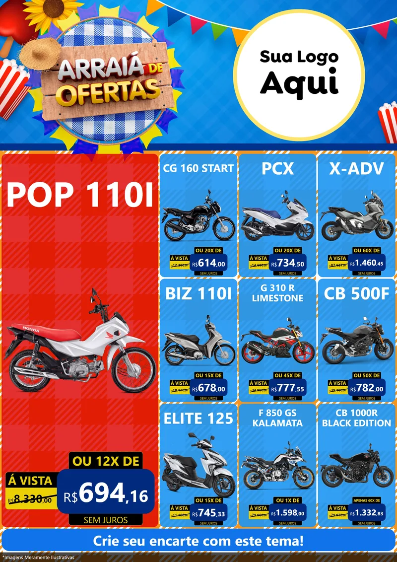 Modelo de Encarte para Encarte A4 Vertical com o tema Arraiá de Ofertas para Concessionaria de Motos