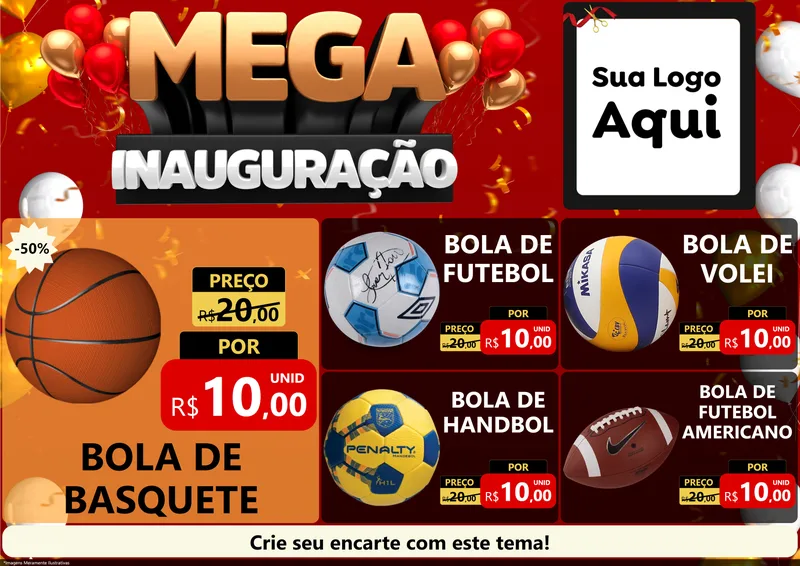 Modelo de Encarte para Encarte A4 Horizontal com o tema Mega Inauguração para Artigos Esportivos