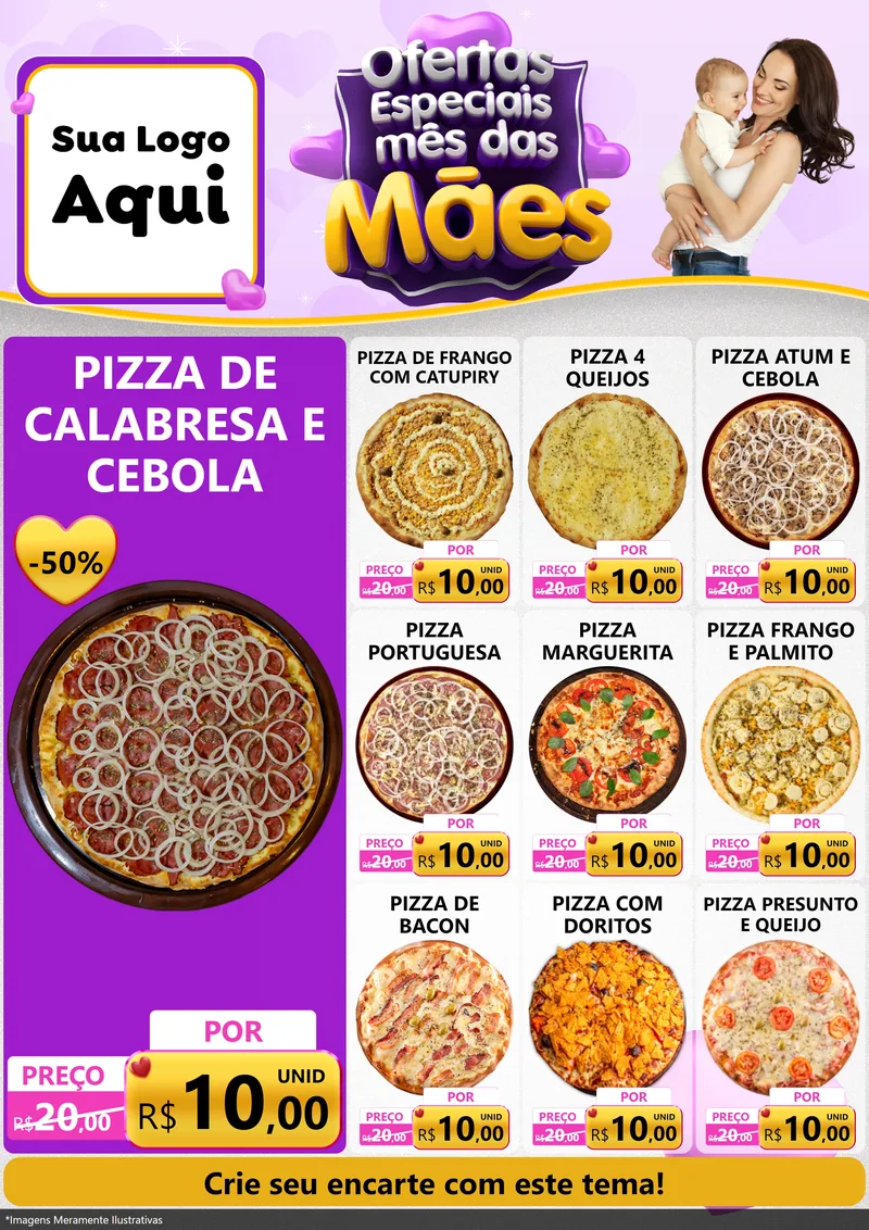 Modelo de Encarte para Encarte A4 Vertical com o tema Ofertas Especiais - Mês das Mães para Pizzaria