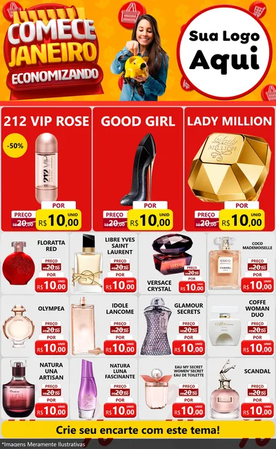Modelo de Encarte para Encarte Grande com o tema Comece Janeiro Economizando para Perfumes
